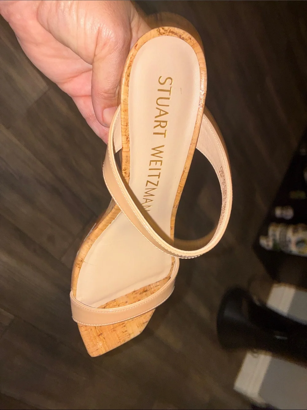 Stuart Weitzman Beige Patent Leather Cork Wedge Sandal - Picture 4 of 5
